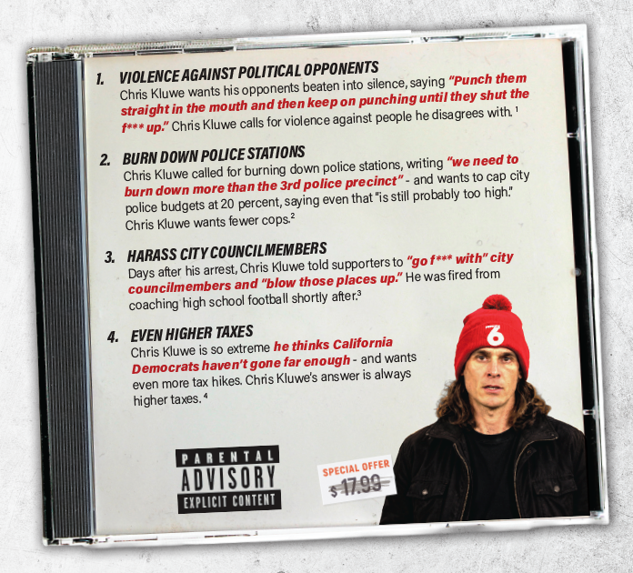 Mock explicit-content CD back cover listing four items: violence against political opponents, burn down police stations, harass city councilmembers, and even higher taxes, with Chris Kluwe in a red beanie and a Parental Advisory label